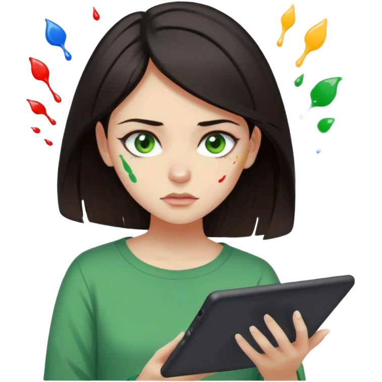 emoji holding and drawing on tablet using a stylus, looking down at screen in frustration, female, dark hair, green eyes, screen slightly visible with splashes of color like a paint palette  emoji