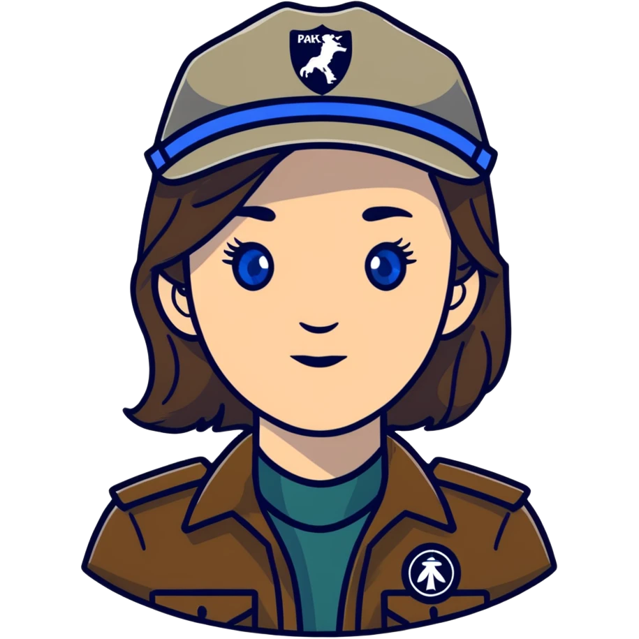 white woman park ranger with gray and brown hair, blue eyes emoji