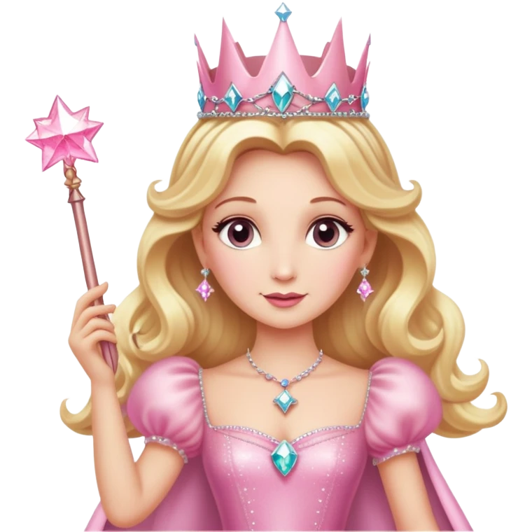 Glinda the Good Witch with blonde hair, sparkly crown, pink puffy dress, and magic wand emoji