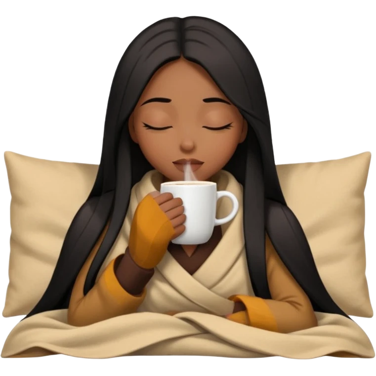 Chocolate brown girl with long straight jet black hair wrapped inside a tan blanket sipping coffee eyes closed emoji