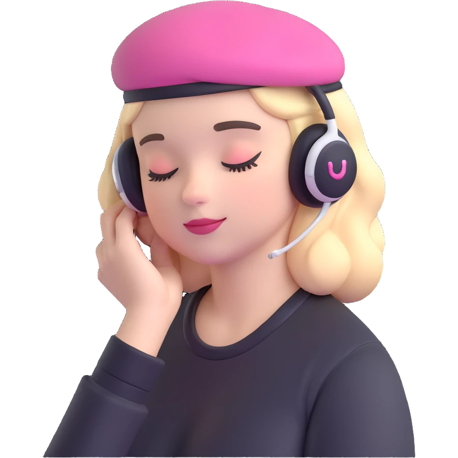 girl wearing a pink beret and AirPods Max headphones, listening to music with closed eyes emoji