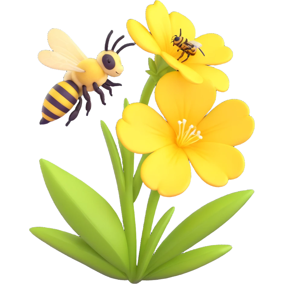 evening primrose and bee, modern 3D iOS style, emphasis on volume, light and shadow, brightness, clean background emoji