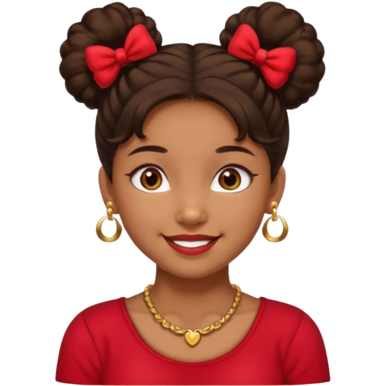 Brownskin girl dark brown hair fluffy.Two buns with red bows brown eyes smiling closed mouth red shirt gold esrrings gold necklace emoji