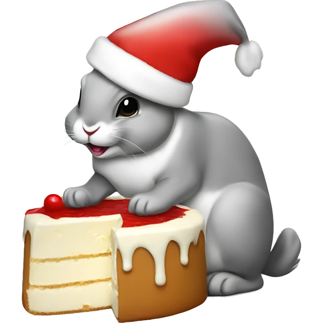 Rabbit eating cheesecake wearing a Santa hat emoji