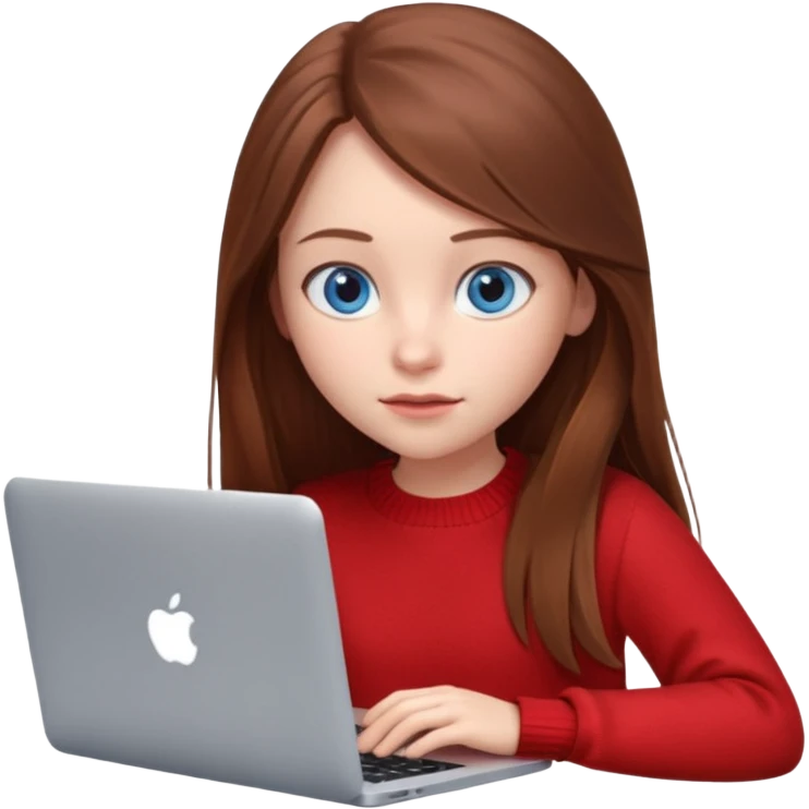 Emoji of a cute 3D girl with long brown hair and blue eyes, wearing a red sweater, focused working on a MacBook laptop, white background emoji