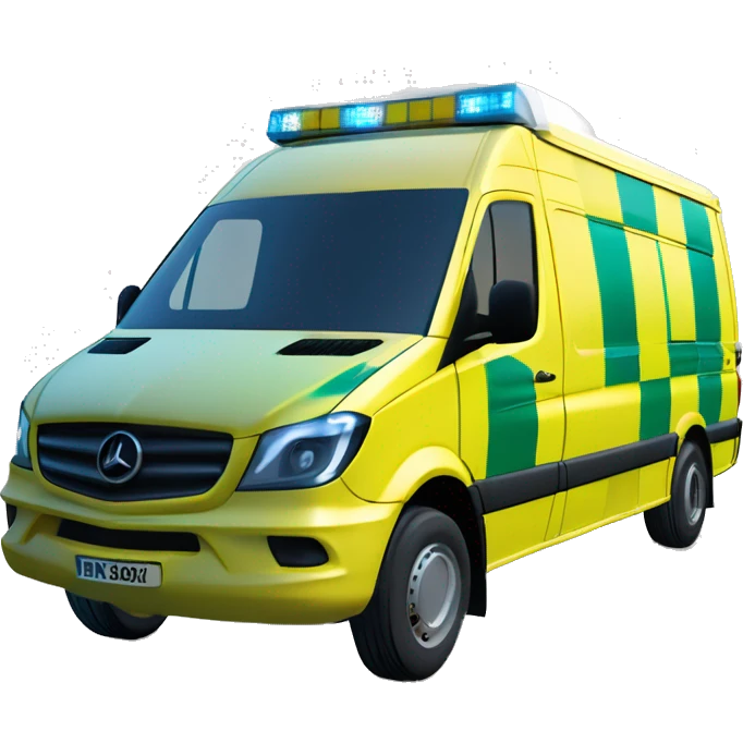NHS Mercedez sprinter ambulance, yellow body, with green and yellow checkerboard strip along the bottom. NHS logo on the side. Blue flashing light strip on top. Black small window on side. emoji