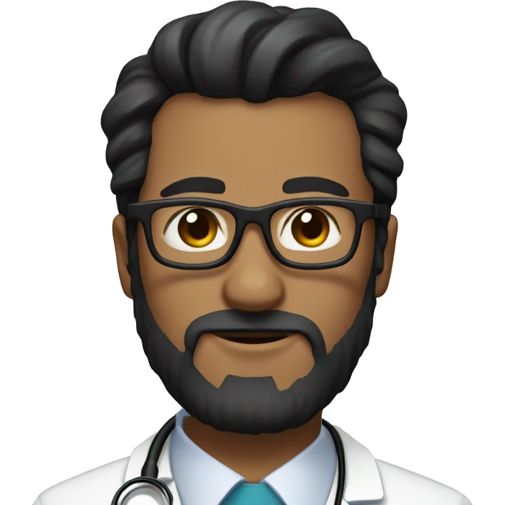 male doctor with full short beard, has black hair in a short ponytail and wears black glasses emoji