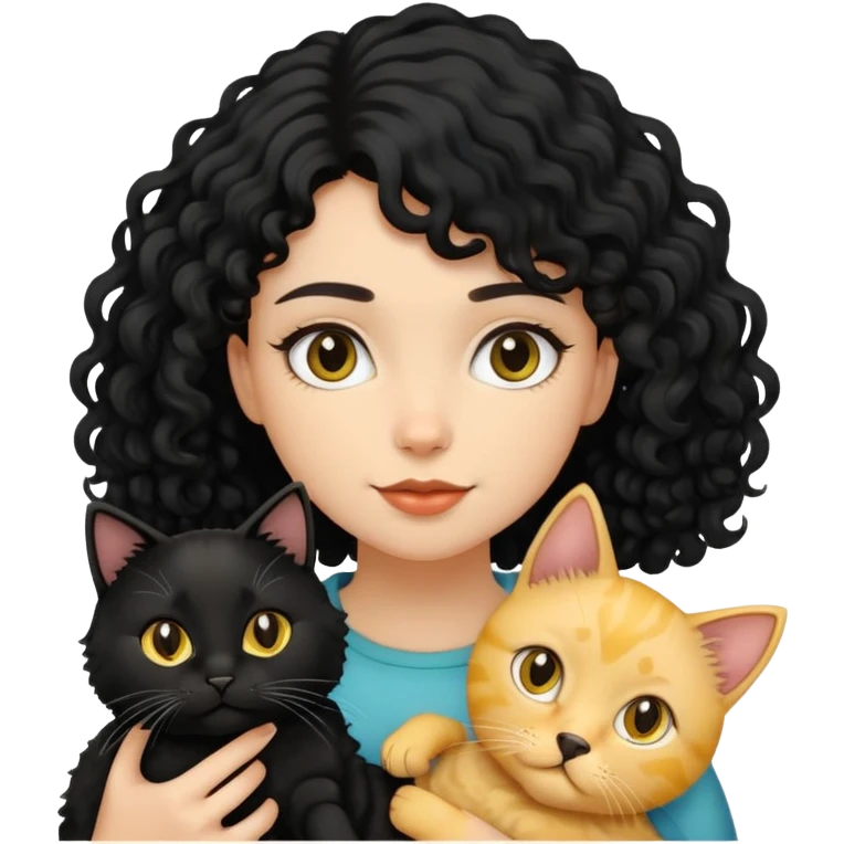 A black long-haired girl holding a black cat, a yellow short-haired cat and a curly-haired dog emoji