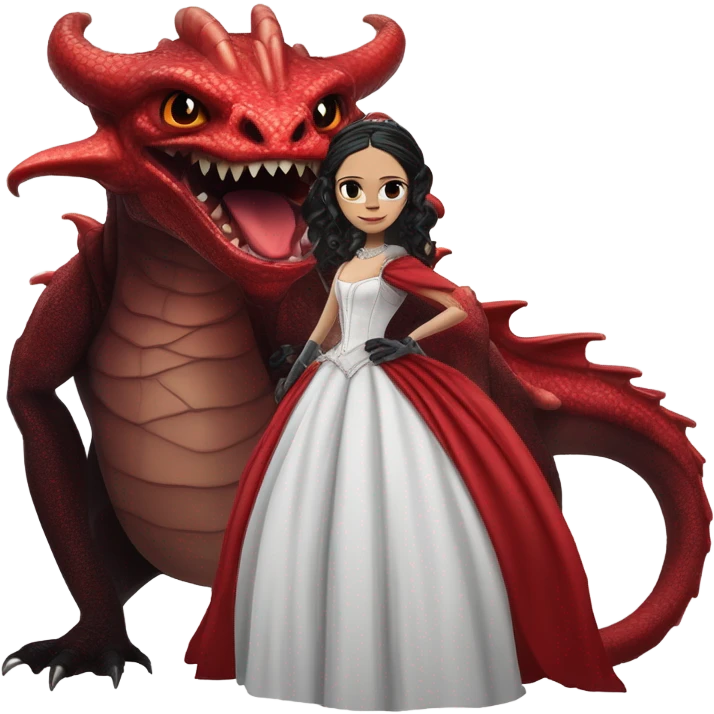 Lavish Victorian evening gown with gloves, Jenna Ortega as Addams Jedi wearing a mini tiara, standing next to a very large blood red evil-looking horned firedragon emoji