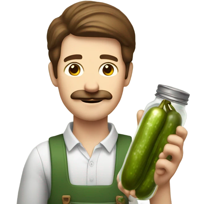 White man with brown hair and a mustache, holding a jar of pickles emoji