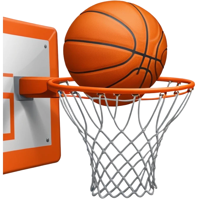 A close-up of a basketball shield and hoop with the ball swishing through the net, captured mid-air. The background emphasizes the tension and excitement of the moment, with the rim and net in sharp focus, showcasing the precision and skill of the sport. emoji
