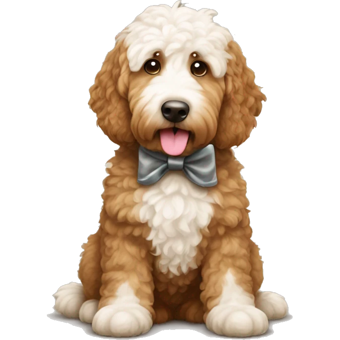 Brown and white golden doodle with bow emoji