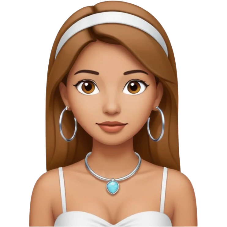 latina makeup olsun, saçları düz, halka küpeler büyük gümüş renginde olsun, kolye taksın ve beyaz bir Bandeau top kıyafet giyisin emoji
