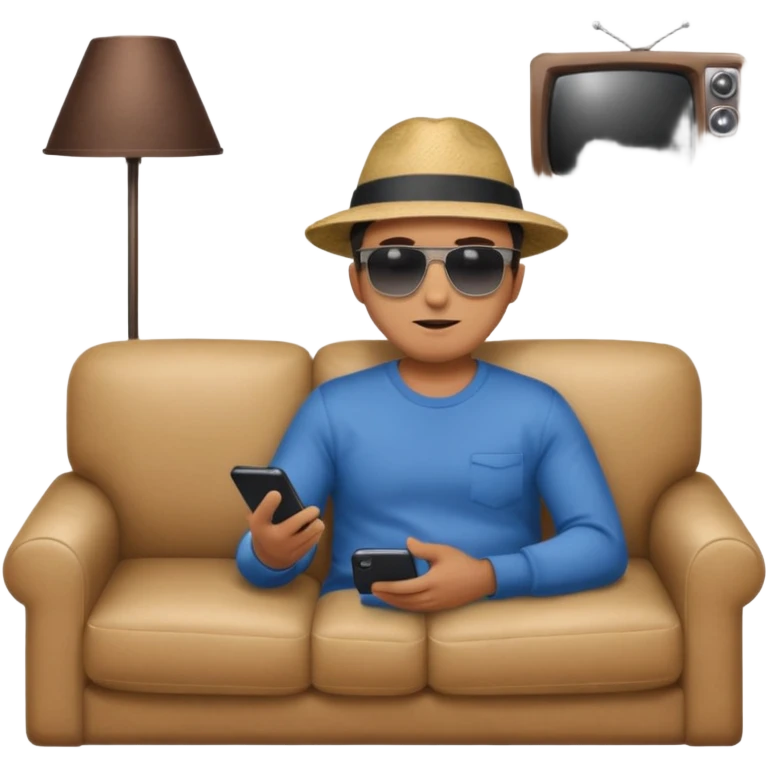 A man photographed from behind, sitting on a sofa and watching the news on TV. The setting is a living room. emoji