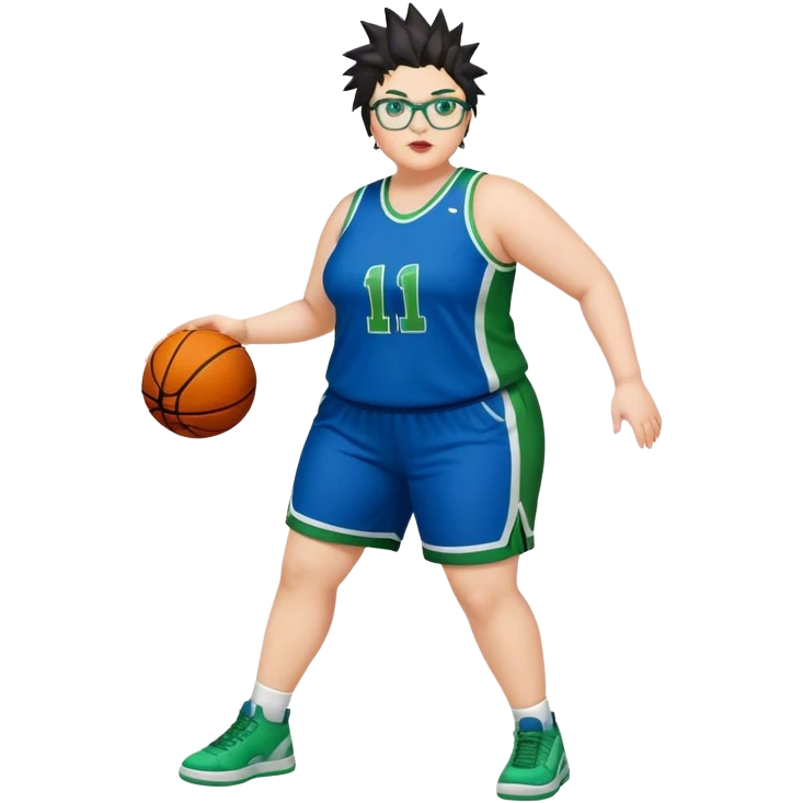 FULL BODY PLUS SIZE  WHITE women with DARK short hair SPIKEY HAIR and glasses playing basketball IN BLUE AND GREE UNIFORM NO WRITING emoji
