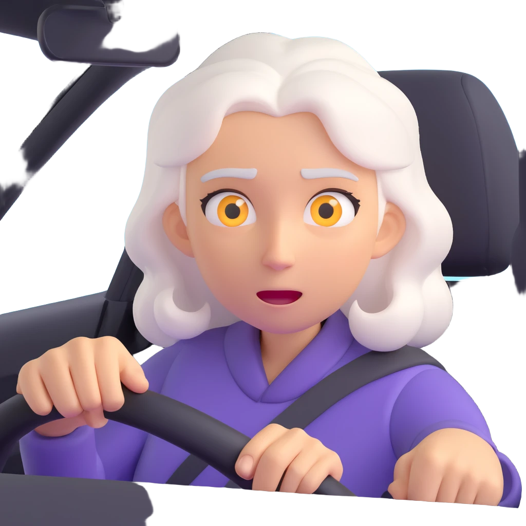 Make the mother with white hair in the car look fast and furious, add dynamic motion effects, intense expression, sporty 3D emoji style, no background emoji