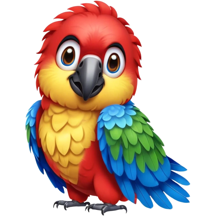 Cinematic Realistic Cute Macaw Portrait Emoji, Head tilted playfully and inquisitively, featuring a compact, lively build with intricately detailed, vivid scarlet and blue feathers and a charming, expressive face with round, sparkling eyes full of tropical wonder, rendered with realistic texture and vibrant natural hues, high shine, affectionate and spirited, styled with a touch of whimsical rainforest charm, soft glowing outline, capturing the essence of a mischievous yet lovable macaw that seems poised to flutter playfully into your arms! emoji