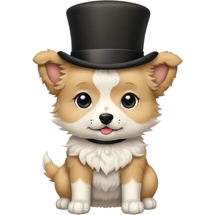 cute small tan and white dog with black nose, black round eyes, curly fluffy medium length hair, wearing a top hat emoji