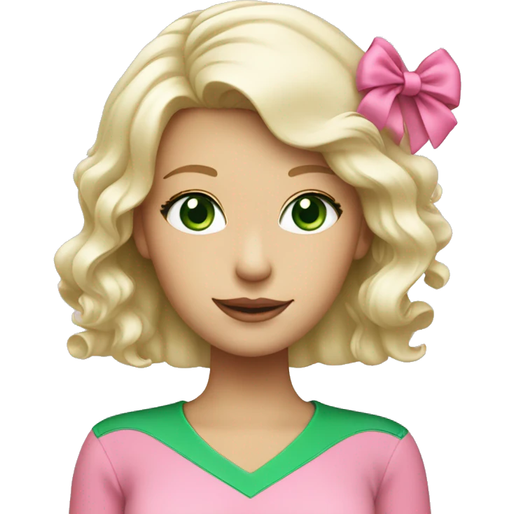 platinum blonde with green eyes wearing a pink bow with green shirt emoji