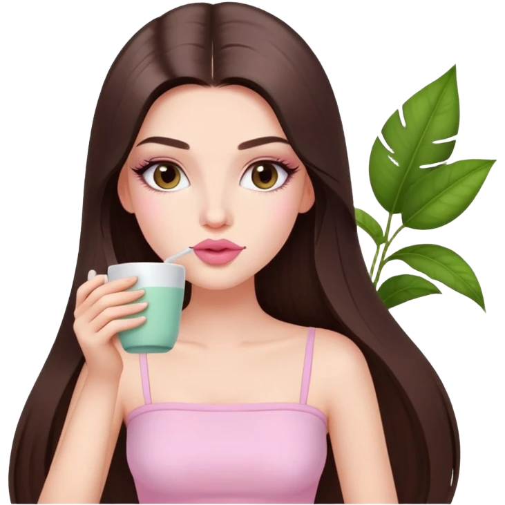 exotic pale girl, very full lips, long straight brunette hair, long lashes, pastel pink tube top, sipping tea  emoji