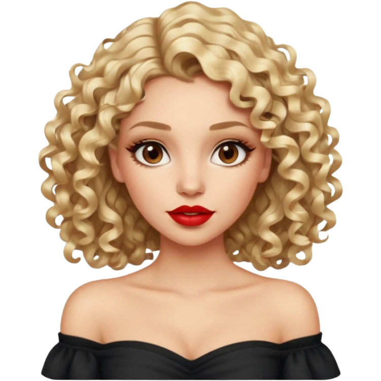 exaggerated features of woman with curly long blond hair, brown eyes, wearing an off-shoulder top,  emoji