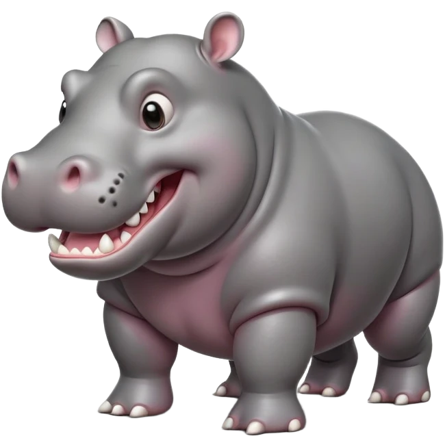 cinematic-hippo-realistic-full-body-side-view-standing-on-all-fours-emoji,-massive-round-frame,-wide-mouthed-grin-exposing-huge-teeth,-head-tilted-dramatically,-thick-grey-hide-glossy, big eues emoji