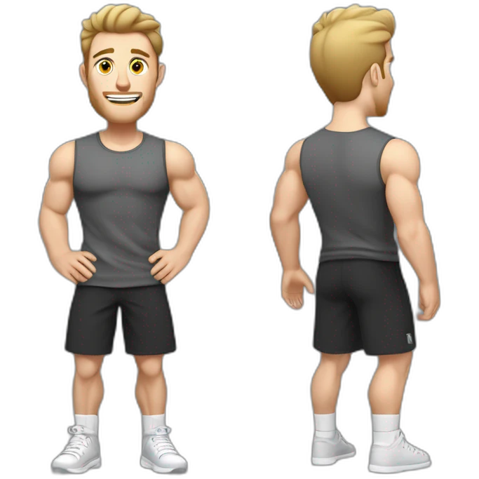 Full height Actively gesturing with hands Pale skinned Fit Man With the biceps, Bristle and light brown hair in dark gray Sleeveless Mike, black oversize sports shorts and white Sneakers emoji