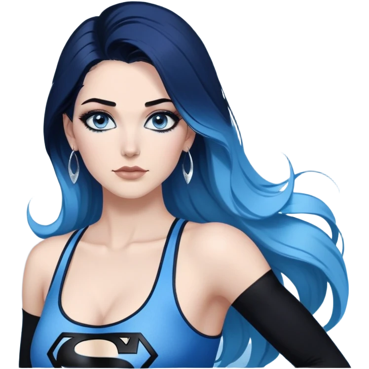 very very large chest-stunning beautiful face-black leggings-very long straight dark blue to light blue ombre hair-and-blue eyes-a lot of black eyeliner-thick long eyelashes-sky blue low cut tanktop with glitter superman logo-no gloves-silver hoop earrings emoji