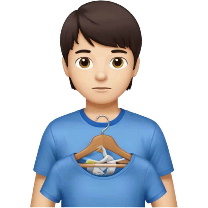 boy dark brown hair with bangs with straight eyebrows with  clothing hanger emoji