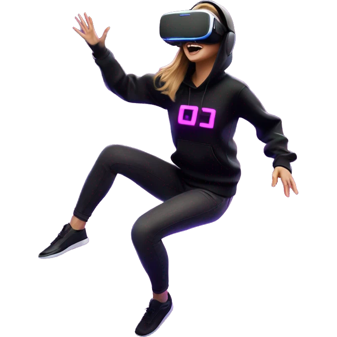 Russian girl wearing black hoody with violet letters "OMG", in vr headset oculus quest2. jumping. Cyberpunk style. Violet neon. emoji