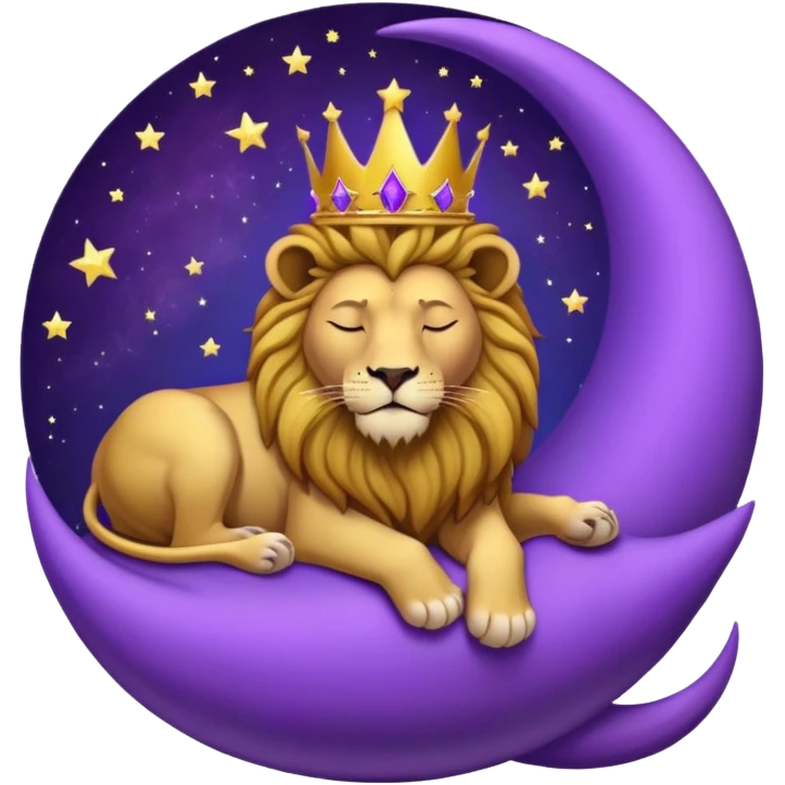 Lion with a crown sleeping on a purple crescent moon  emoji