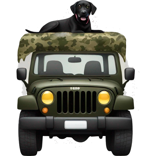 Black Labrador in the back of camo Jeep emoji