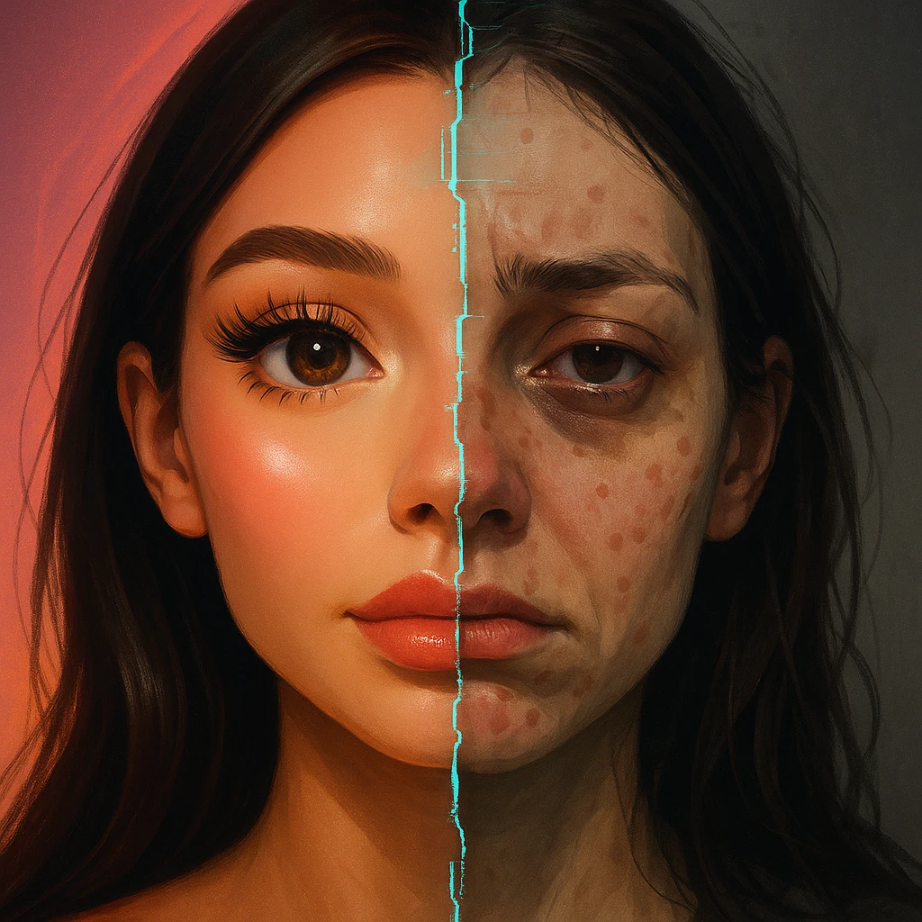 A split-face illustration: left half shows a flawless, glowing influencer-style face with oversized eyes, perfect skin, and plump lips; right half shows a realistic, exhausted face with dark circles, blemishes, and a frown. A subtle glitch effect runs down the center like a cracked mirror, symbolizing the fragile boundary between filtered and unfiltered realities. emoji