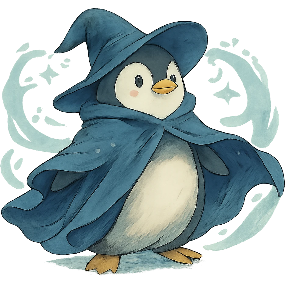 penguin wizard with a flowing cloak and magical aura emoji