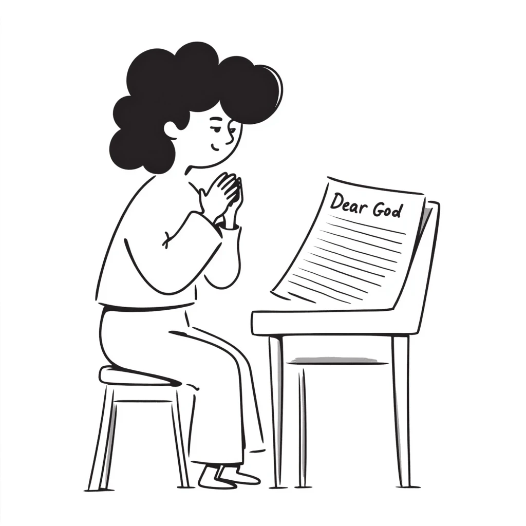 Person with prayer hands next to a paper that clearly shows "Dear God" written at the top of an essay emoji
