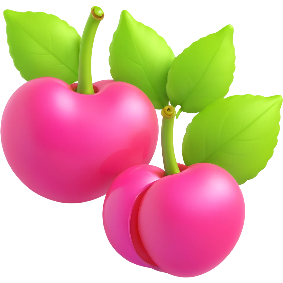 3D iOS-style illustration of two bright pink cherries with green leaves and pink flowers, extra glossy and reflective, with a soft shadow, no background. emoji