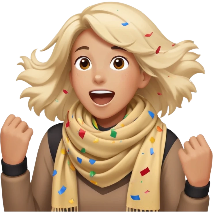 person with a sports scarf, excited expression, confetti in the air emoji