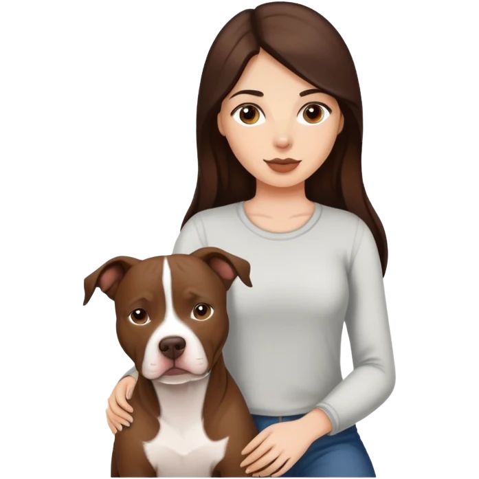 girl with dark brown long hair with her pitbull dog brown and white emoji