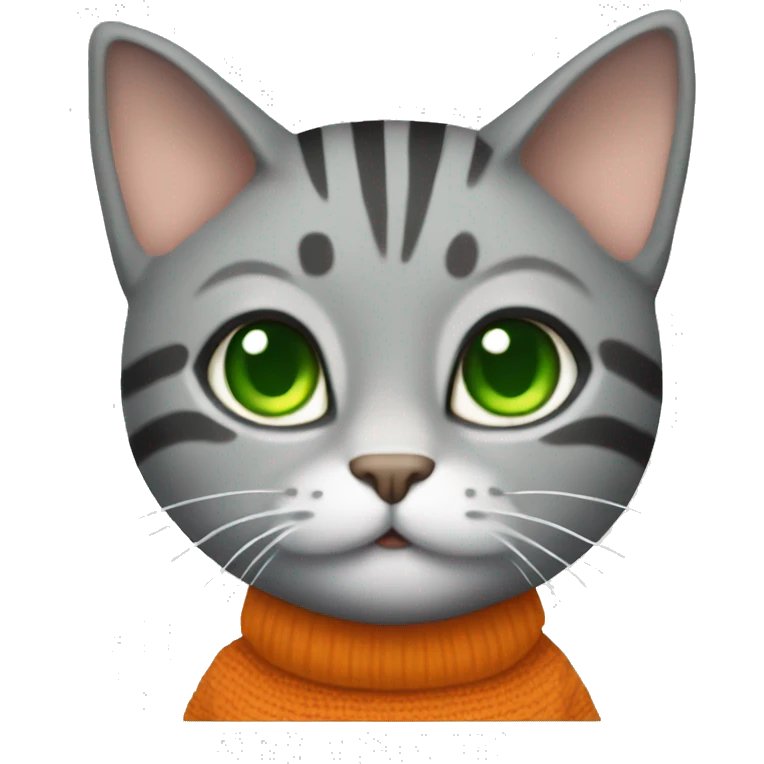 A striped grey cat with green eyes with orange sweater in full growth emoji