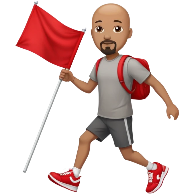 Bald black man with a white goatee in sneakers carrying a red flag emoji