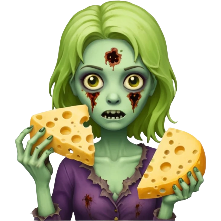 woman zombie holding moldy cheese piece emoji