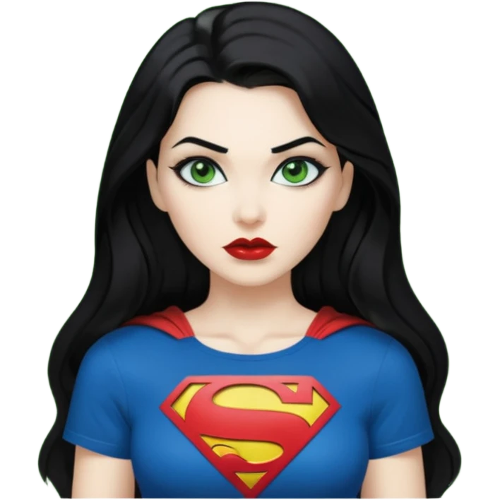 Black haired woman, green eyes, black lipstick, white skin, black t shirt, sharp face, long hair, feminine, Devine, superman logo on t shirt emoji