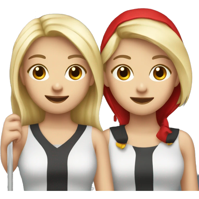 2 girls best friends one blonde and one brunette holding red flags emoji