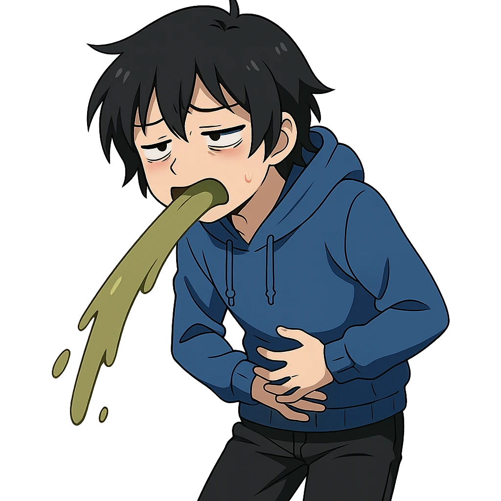 anime character with black hair, blue hoodie, black pants, sick and throwing up expression emoji
