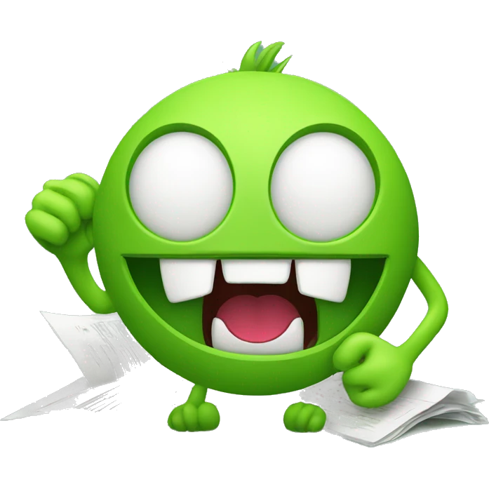 a funny moster in green colours with an open mouth as if he is fed by different documents such as word, excel, pdf, pptx emoji