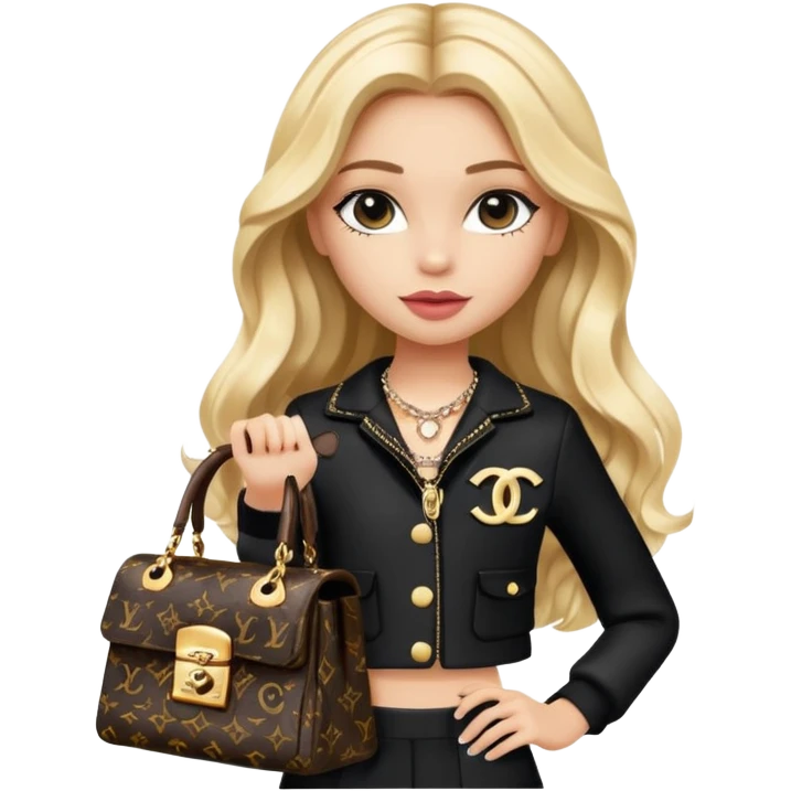 stylish girl with long wavy blonde hair, Bratz Chloe look, Chanel logo two-piece black and white, carrying a Louis Vuitton bag, emoji style emoji