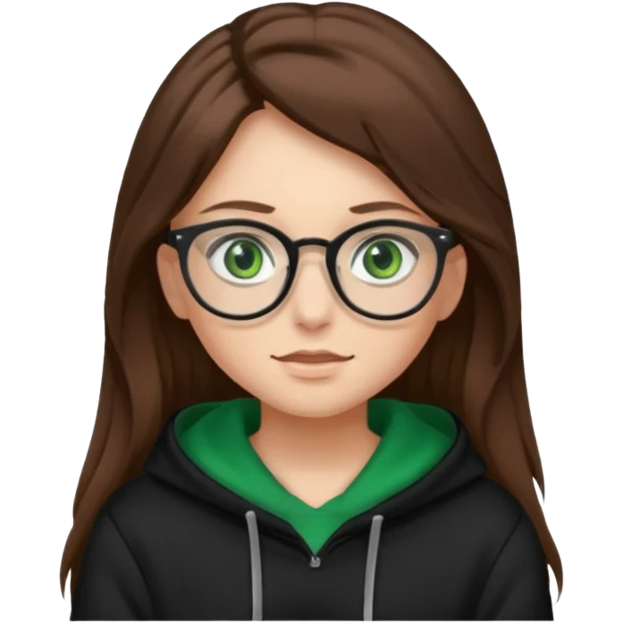 Girl with long brown hair, green eyes, glasses and a black hoodie on emoji