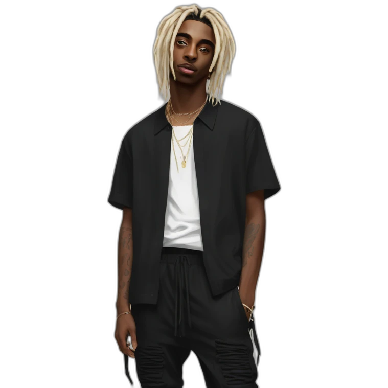 playboi carti blonde dreads with plain black shirt on with black pants and rick owens shoes on and also black durag emoji