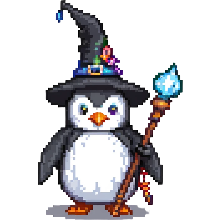 penguin wizard with a pointy hat and magic staff emoji