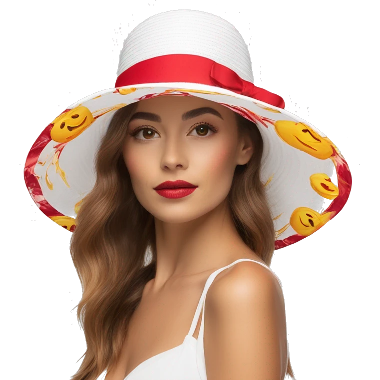 a beautiful Love themed, women's sunhat with bow in white, bright crimson red and yellow gold colors, emoji